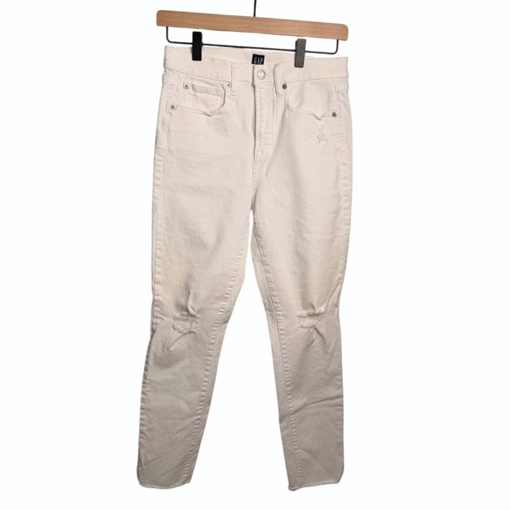 Gap Women Distressed Skinny Jeans 28 White High Rise Raw Hem Ripped Denim